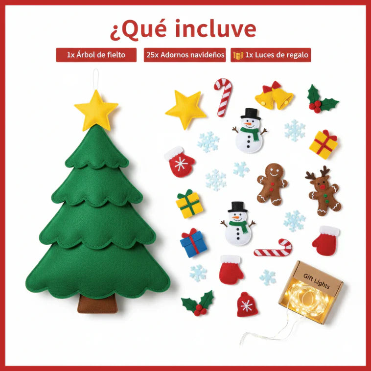 MiPrimerÁrbol™ - Arbol de Navidad de Fieltro con 25 Adornos Adhesivos + Luces Led