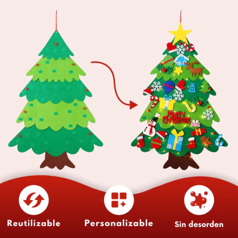 MiPrimerÁrbol™ - Arbol de Navidad de Fieltro con 25 Adornos Adhesivos + Luces Led