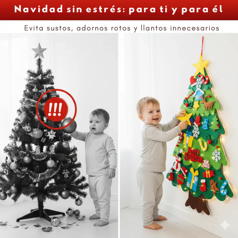 MiPrimerÁrbol™ - Arbol de Navidad de Fieltro con 25 Adornos Adhesivos + Luces Led