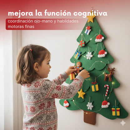 MiPrimerÁrbol™ - Arbol de Navidad de Fieltro con 25 Adornos Adhesivos + Luces Led